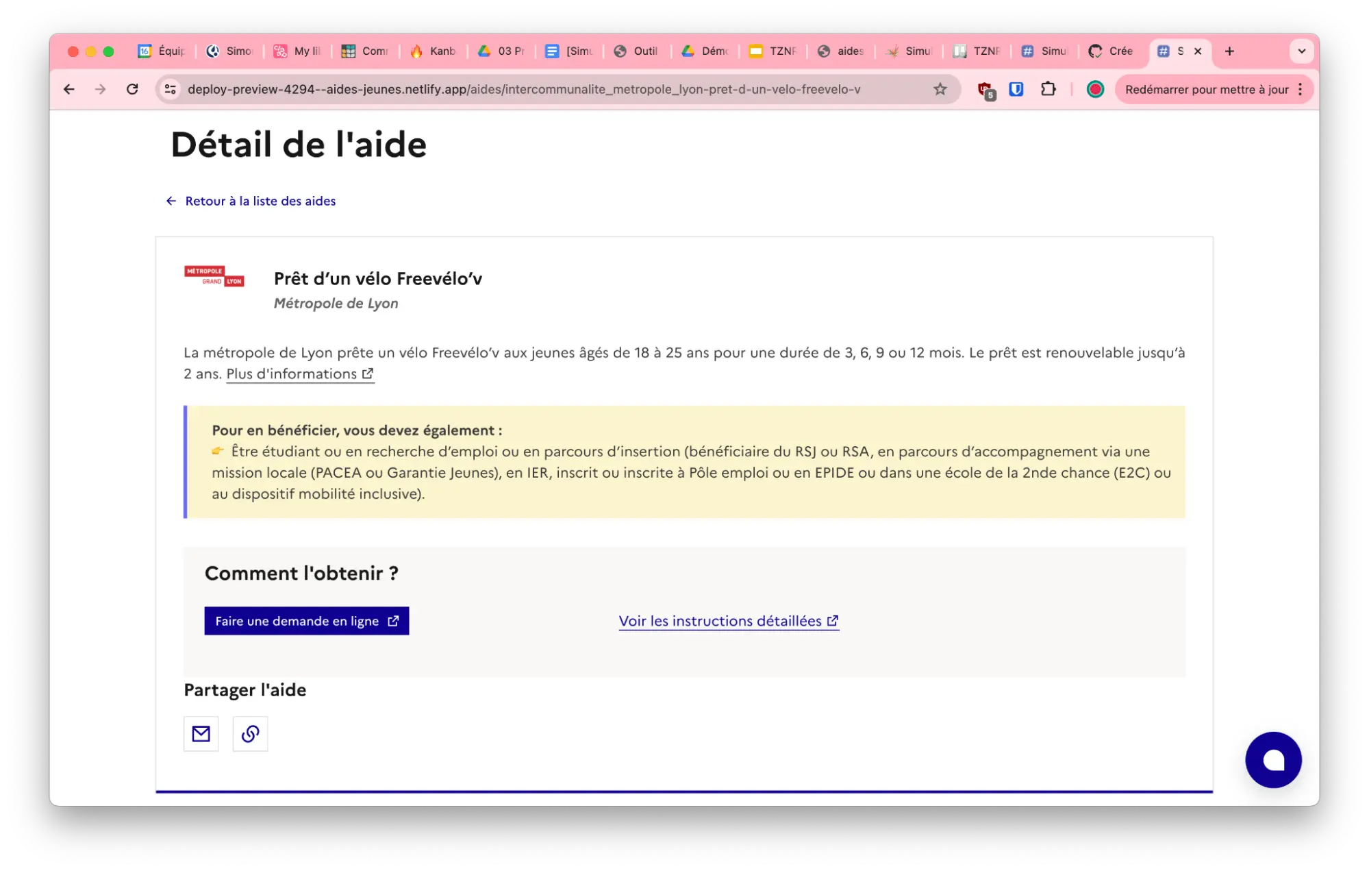 Capture d'écran des détails d'une aide affichés dans les résultats de simulation